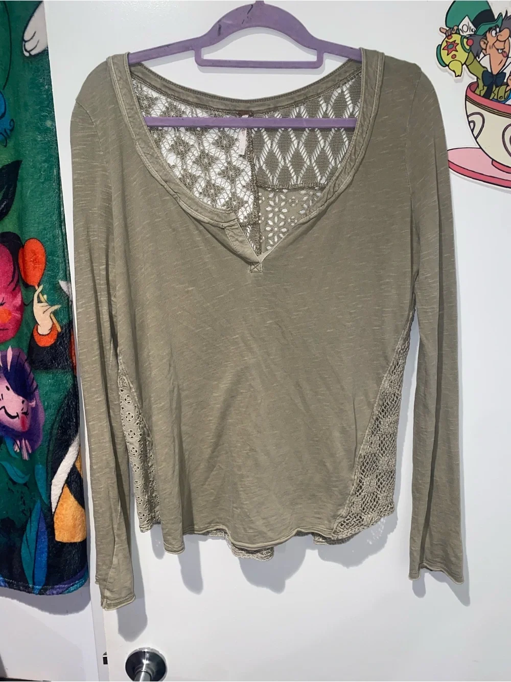 Free People Olive Crochet Lace Patchwork Long Sleeve Boho Top M